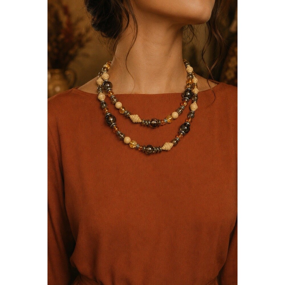 Vintage 1970s Two-Strand Wood Beaded Back-Drop Necklace with Long Chain Dangle
